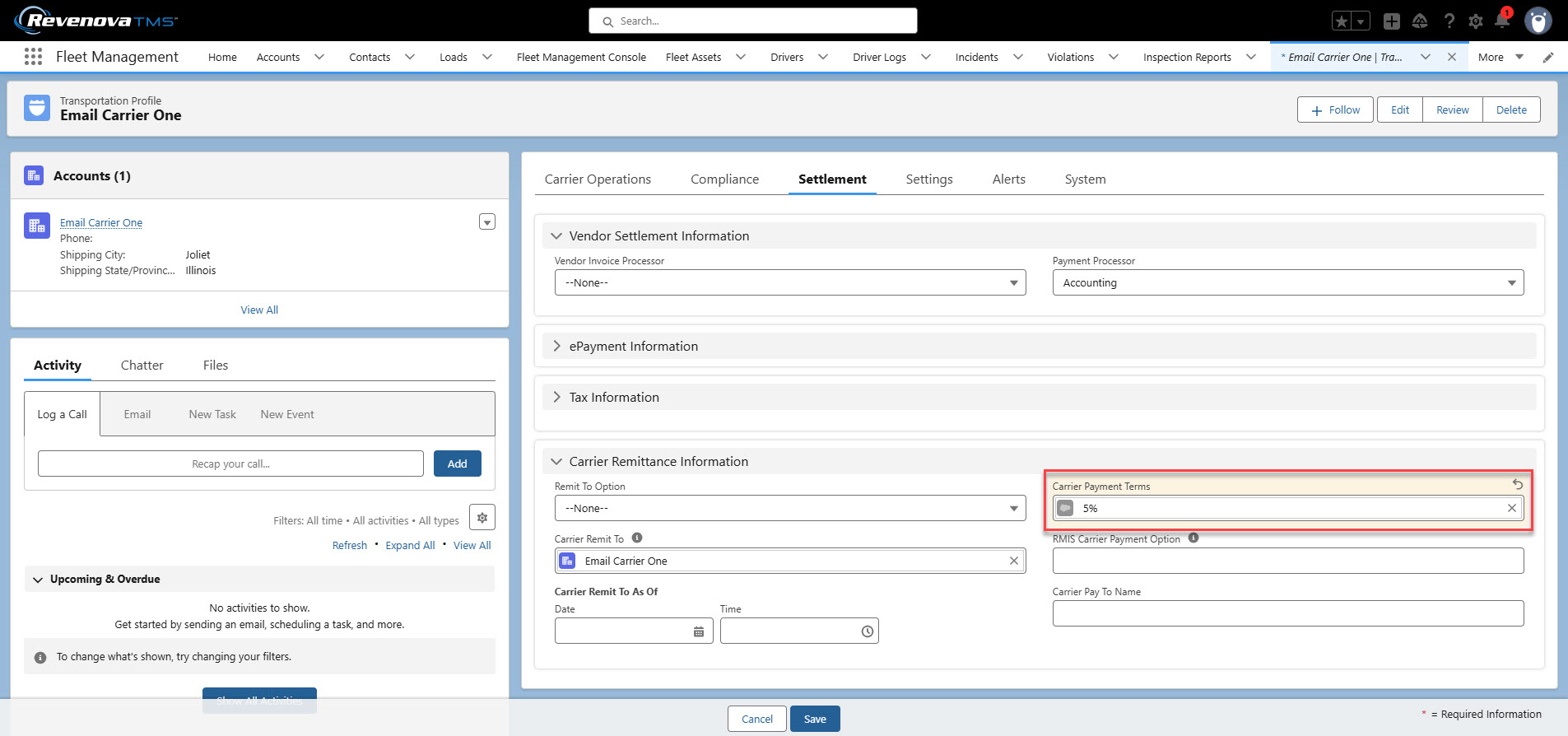 Carrier transportation profile with vendor settlement and payment terms information displayed.